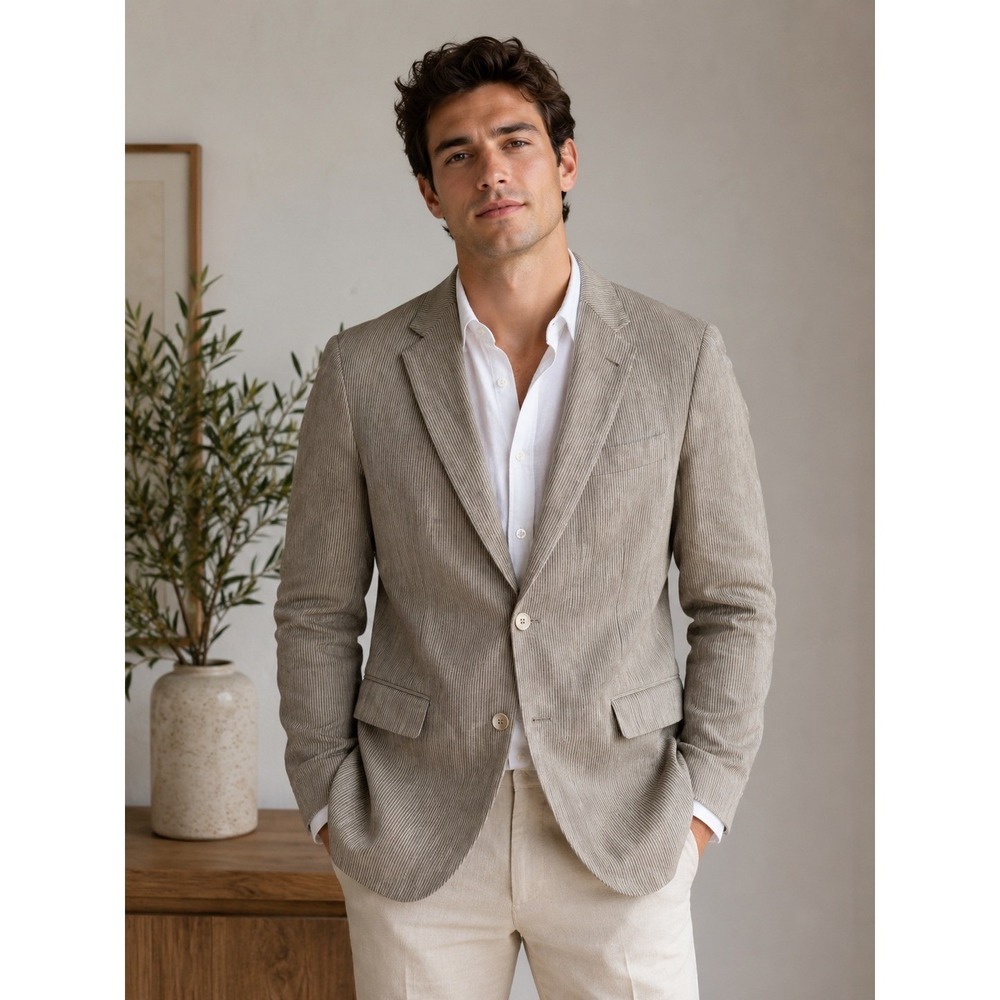 Robert Talbott Carmel Blazer Mens XL Tan Pinstripe Good Linen Cotton Sport Coat